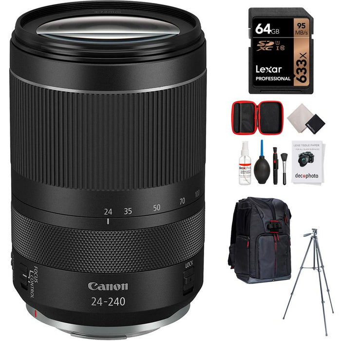 Canon RF 24-240mm f/4-6.3 IS USM Lens with 64GB Memory Card and Backpack Bundle