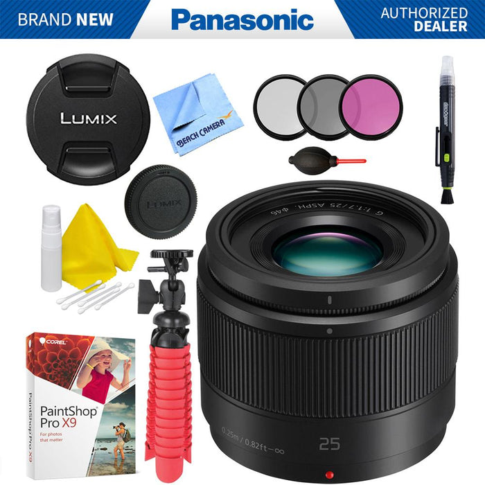 Panasonic Lumix G 25mm f/1.7 ASPH. Lens (Black) - H-H025K with Accessories Bundle