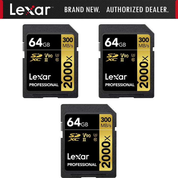Lexar Pro SDHC 2000X RDR UII BL NA 64GB Memory Card (3-Pack)
