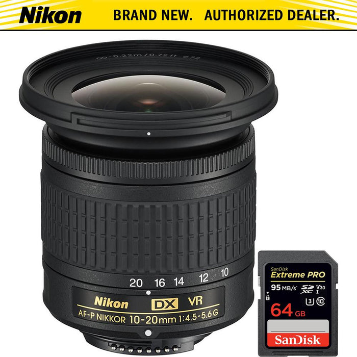 Nikon AF-P DX NIKKOR 10-20mm f/4.5-5.6G VR Lens + SDXC 64GB UHS-1 Memory Card