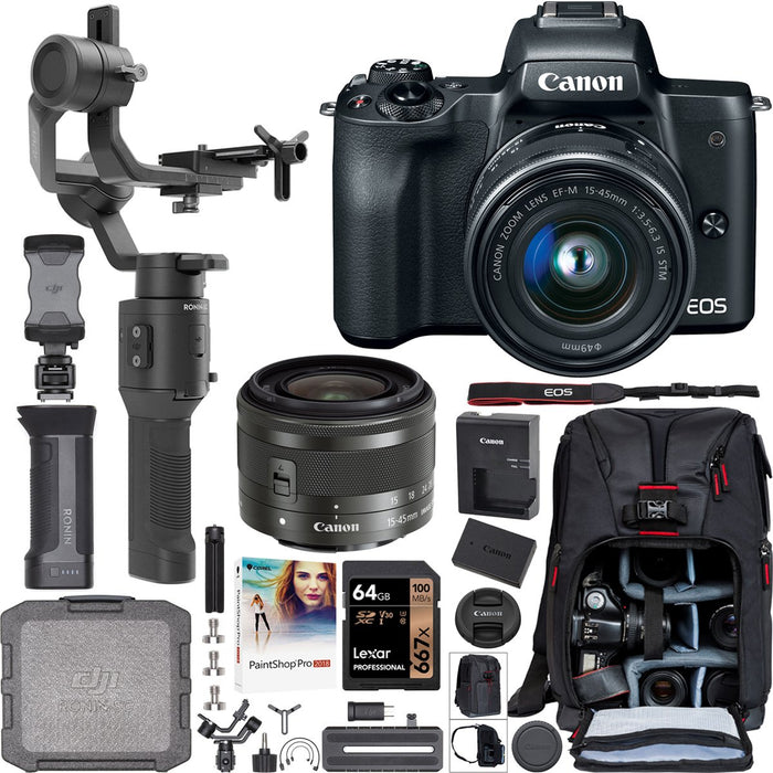 Canon EOS M50 Mirrorless 4K Camera + 15-45mm Lens Black DJI Ronin-SC Gimbal Kit