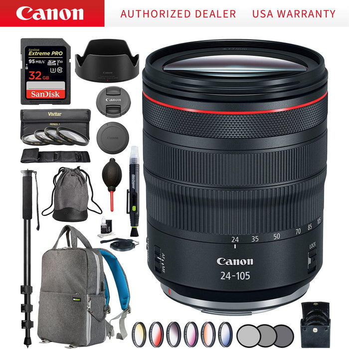 Canon RF 24-105mm F4 L USM Lens for EOS R 2963C002 77mm Filter Kit Backpack Bundle