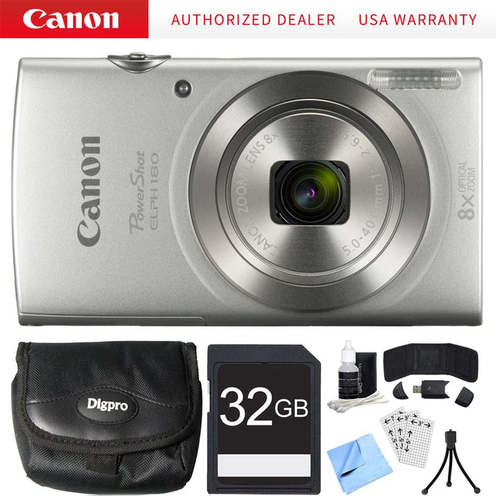 Canon PowerShot ELPH 180 20MP 8x Optical Zoom Silver Digital Camera 32GB Card Bundle