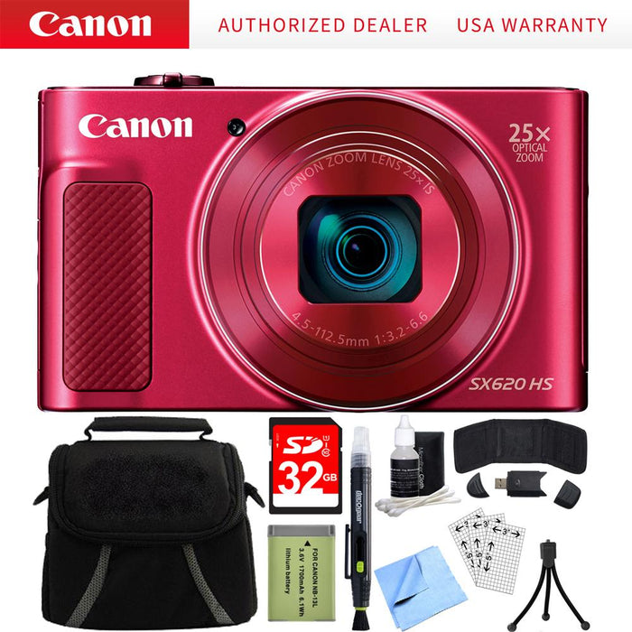 Canon PowerShot SX620 HS 20.2MP Digital Camera Red w/ 32GB Card Accessory Bundle