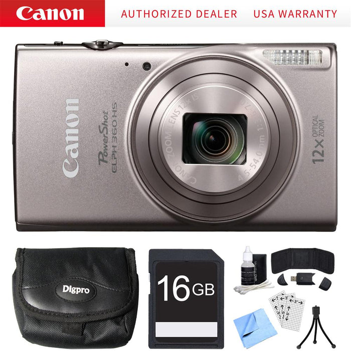 Canon PowerShot ELPH 360 HS Silver Digital Camera w/ 12x Optical Zoom 16GB Card Bundle
