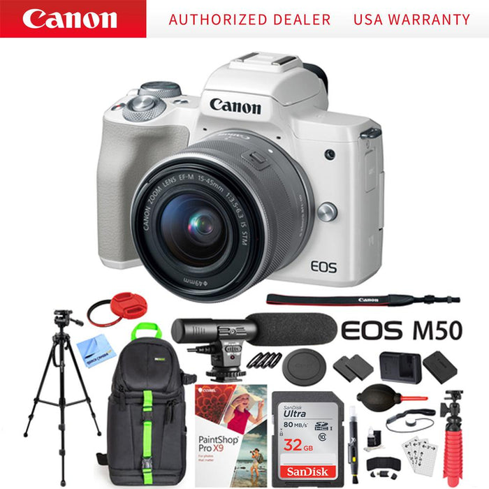 Canon EOS M50 Mirrorless Digital Camera + 15-45mm Lens Microphone Deluxe Bundle White