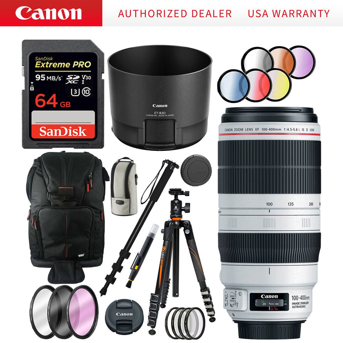Canon EF 100-400mm f/4.5-5.6L IS II USM Lens with Vanguard Tripod + 64GB Kit