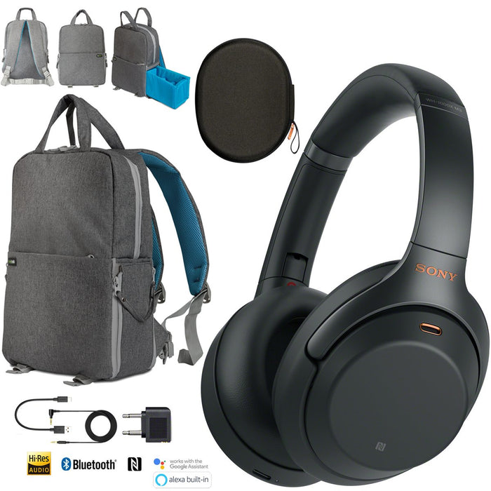 Sony WH-1000XM3 Wireless Noise Cancelling Headphones Black Backpack Travel Bundle