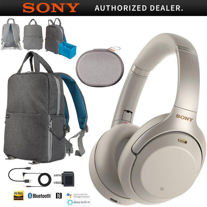 Sony WH-1000XM3 Wireless Noise Cancelling Headphones Silver Backpack Travel Bundle