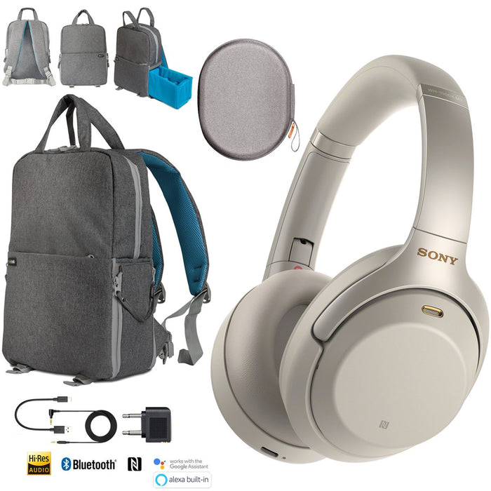 Sony WH-1000XM3 Wireless Noise Cancelling Headphones Silver Backpack Travel Bundle