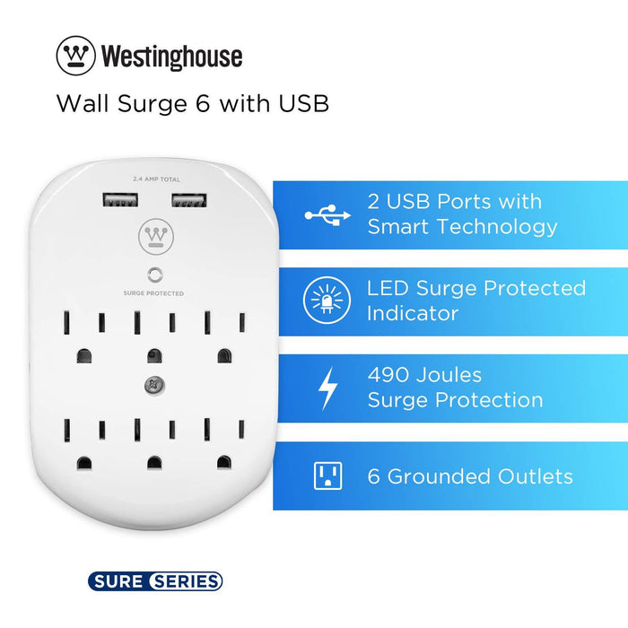 Westinghouse Sure Series Wall Surge 6 Wall Tap with 2 USB Ports 96010