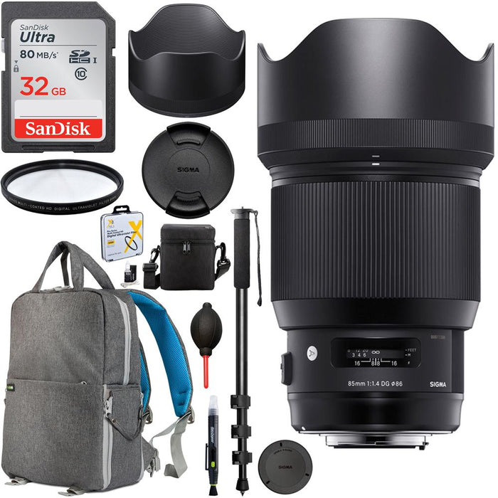 Sigma 85mm F1.4 DG HSM Art Lens for Nikon + 32GB, UV Filter, Backpack Bundle