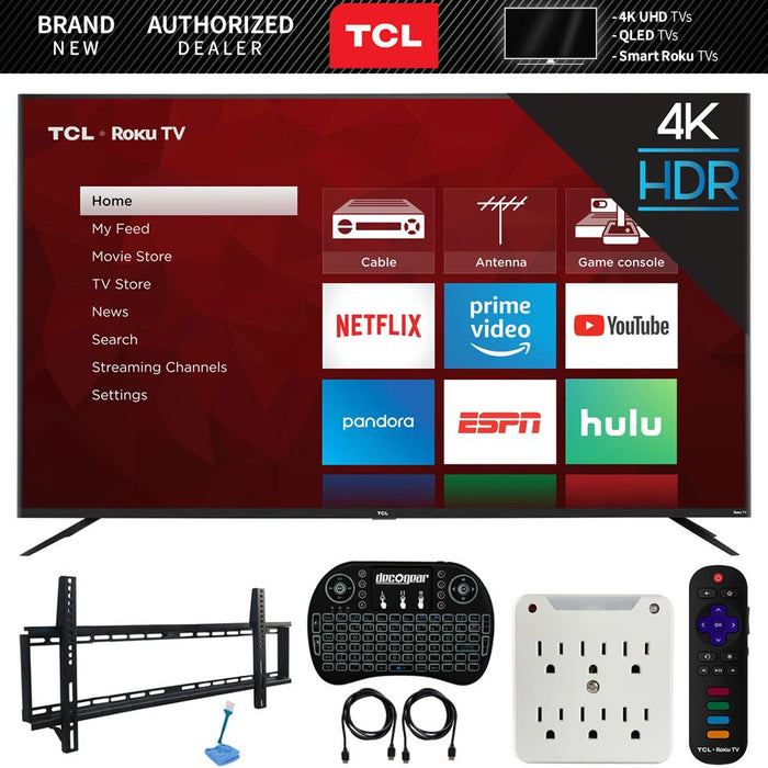 TCL 75S425 75" 4-series 4K UHD Roku Smart TV (2019) w/ Mounting & Hook-Up Bundle