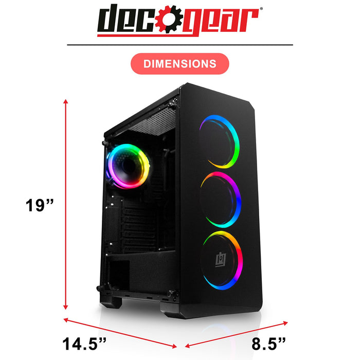 Deco Gear Mid-Tower PC Gaming Computer Case - Full Tempered Glass and LED Lighting