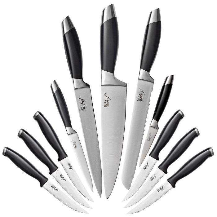 Deco Chef Gourmet 12 Piece Stainless Steel Knife Set with Storage Block - Full Tang Design