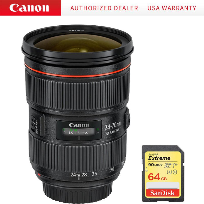 Canon EF 24-70mm f/2.8L II USM Lens w/ Sandisk 64GB Extreme SD Memory Card