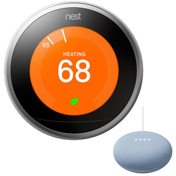Google Nest Learning Thermostat 3rd Gen, Stainless Steel Bundle w/ Google Home Mini