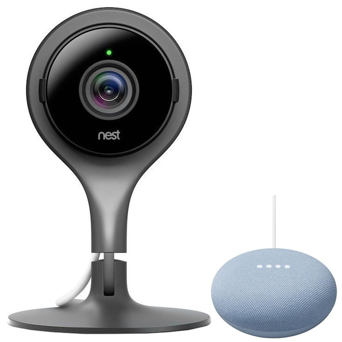 Google Nest NC1102ES-MS Cam Indoor Security Camera Bundle w/ Google Home Mini, Sky Blue