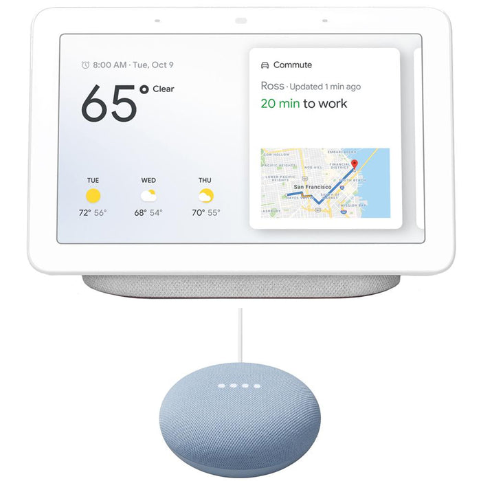 Google Nest Hub with Google Assistant GA00516-US Chalk & Google Nest Mini 2nd Gen Sky Blue
