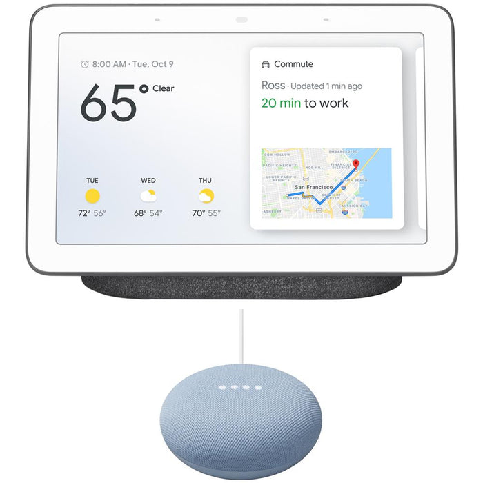 Google Nest Hub with Google Assistant, Charcoal Bundle w Google Nest Mini 2nd Gen (Sky Blue)