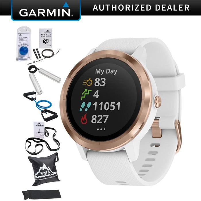 Garmin Vivoactive 3 GPS Smartwatch White w/ Rose Gold with 7 Pcs Workout Bundle