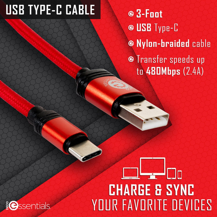 Deco Essentials 3FT USB Type-C Charge & Sync Cable | Transfer Speeds Up to 480Mbps (5-Pack)