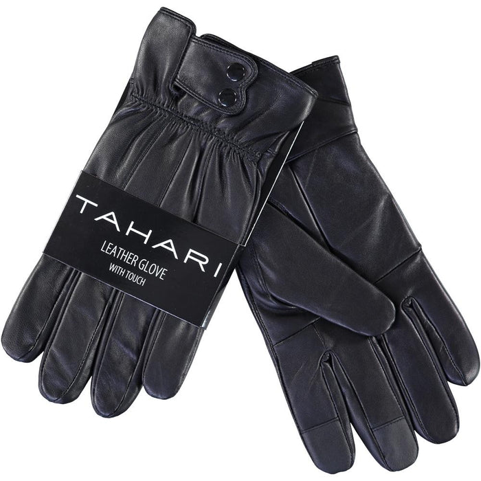 Tahari Insulated Snap Lambskin Leather Gloves with Screen-Touch Technology (Black)(XL)