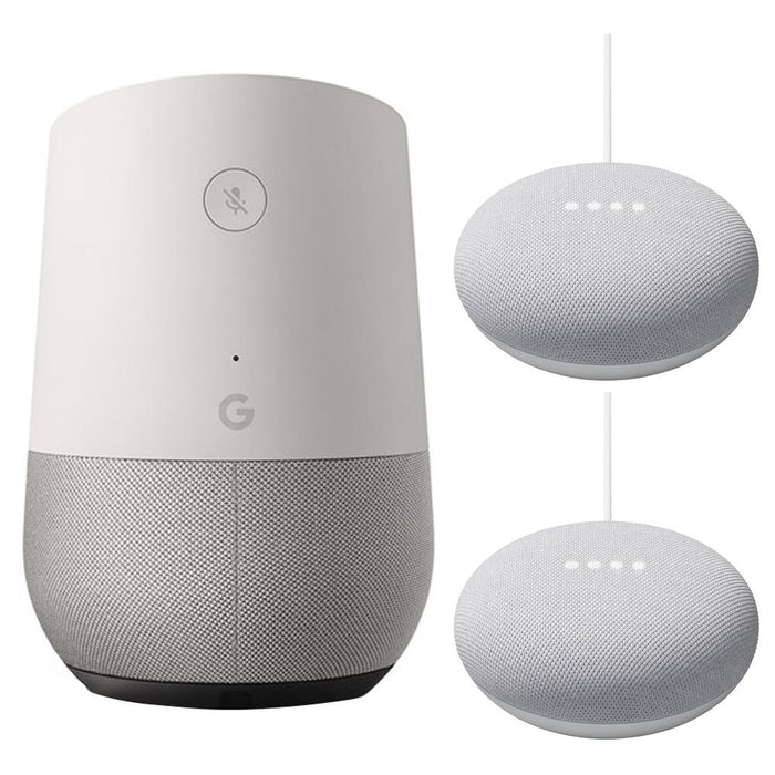 Google Home Smart Speaker, White/Slate with (2) Google Nest Mini (Chalk), 2nd Gen