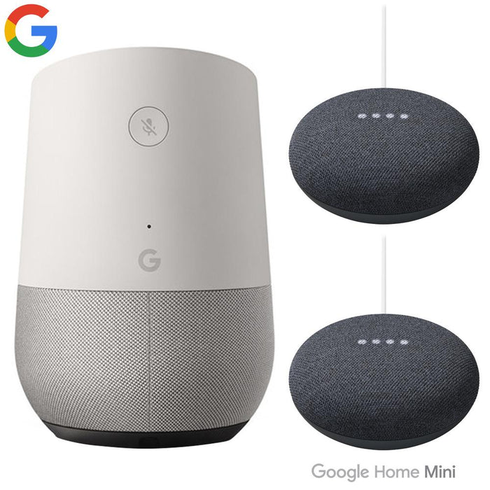 Google Home Smart Speaker, White/Slate with (2) Google Nest Mini (Charcoal), 2nd Gen