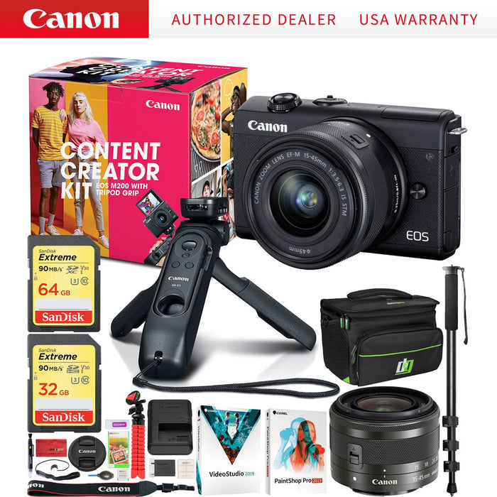 Canon EOS M200 Mirrorless Digital Camera Content Creator Kit w/ Tripod Grip + 15-45mm