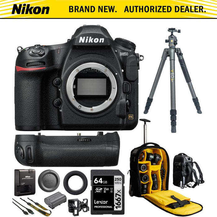 Nikon D850 45.7MP DSLR Camera (Body Only) with Nikon Grip & VEO 2 264AB Tripod Bundle
