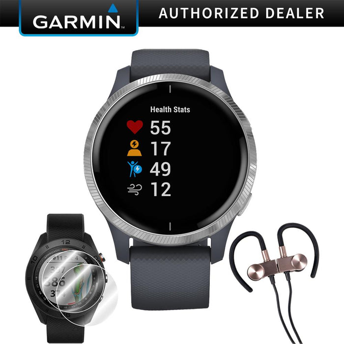 Garmin Venu Amoled GPS Smartwatch (Silver, Granite Blue Band) & Wireless Earbuds + More