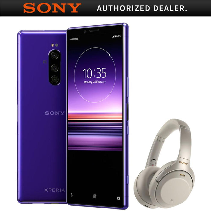 Sony Xperia 1 Unlocked Smartphone 128GB (Purple)w/ Sony Headphones(WH1000XM3)(Silver)