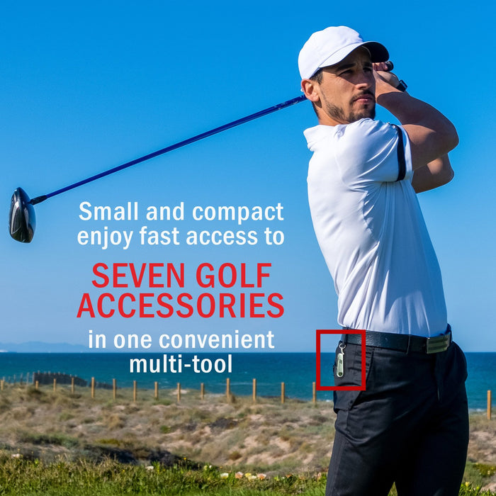 Deco Essentials Stainless Steel 7-in-1 Multi-Function Golf Tool - Fix Divots, Clean Clubs, Play