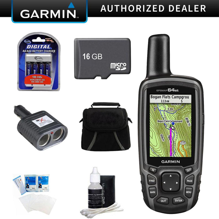 Garmin GPSMAP 64st Worldwide Handheld GPS 1 Yr. BirdsEye US Maps 16GB Accessory Bundle