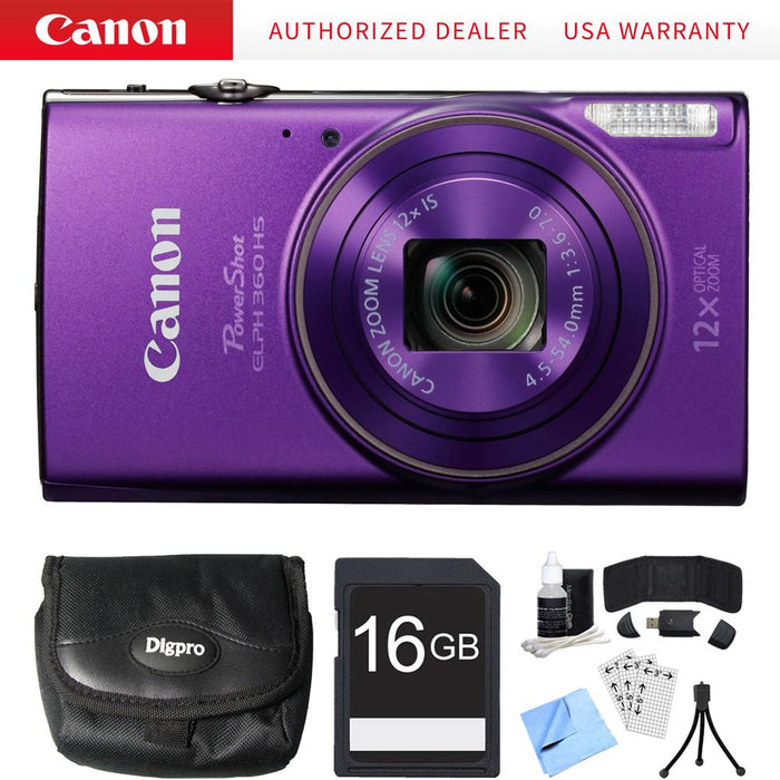 Canon PowerShot ELPH 360 HS Purple Digital Camera w/ 12x Optical Zoom 16GB Card Bundle
