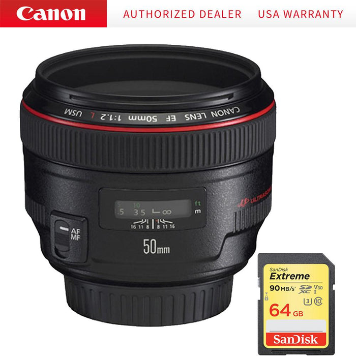Canon EF 50mm f / 1.2L USM Lens with Case and Hood w/ Sandisk 64GB Memory Card