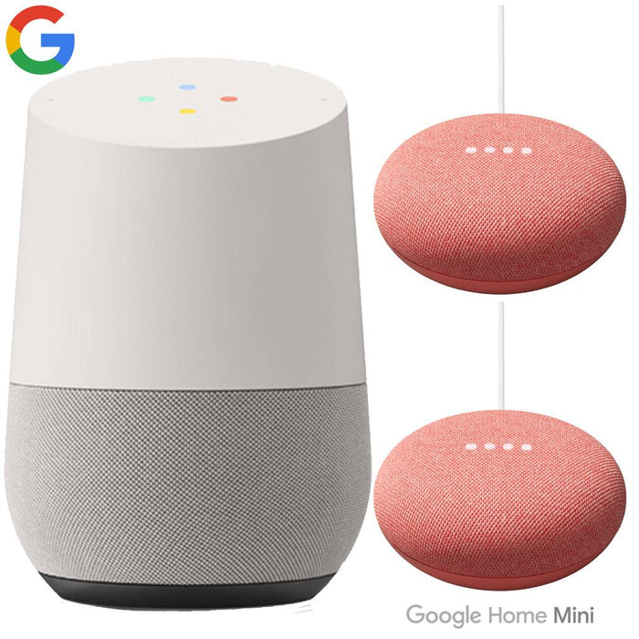 Google Home Smart Speaker, White/Slate with (2) Google Nest Mini (Coral), 2nd Gen