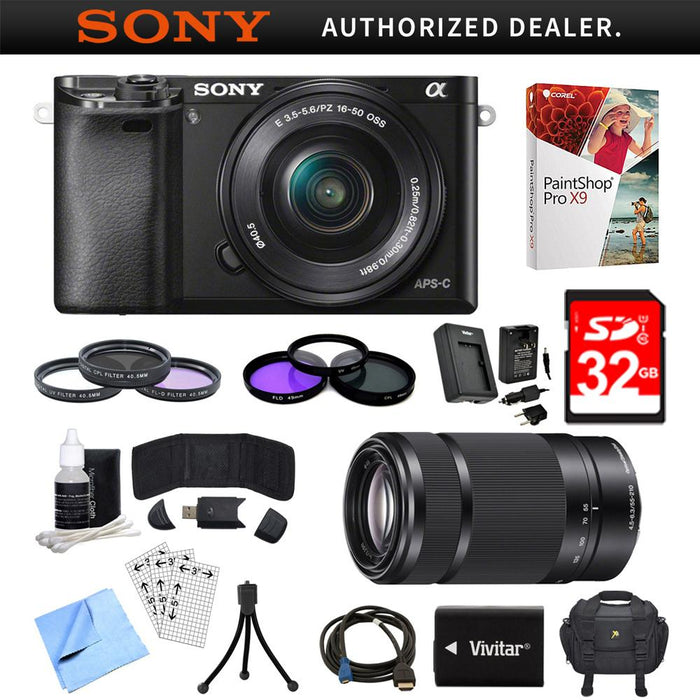 Sony Alpha a6000 Black Camera with 16-50mm, 55-210mm Lenses and Accessories Bundle