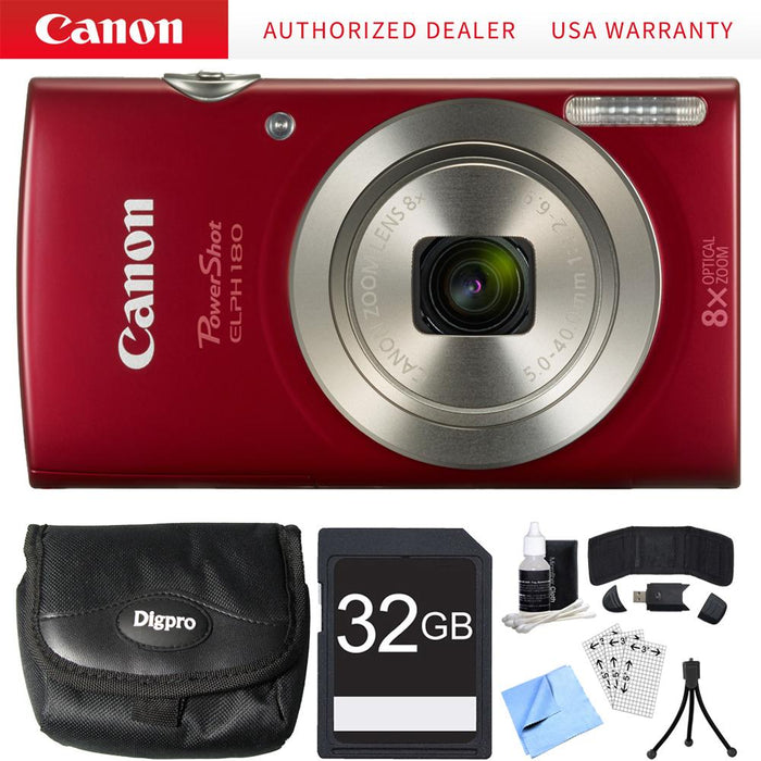 Canon PowerShot ELPH 180 20MP 8x Optical Zoom HD Red Digital Camera 32GB Card Bundle