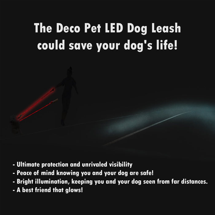 Deco Pet LED Dog Leash w/3 Light Modes for Night Safety, Battery-Powered - Blue