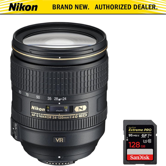 Nikon 24-120mm f/4G ED VR AF-S NIKKOR Lens + Sandisk 128GB Memory Card
