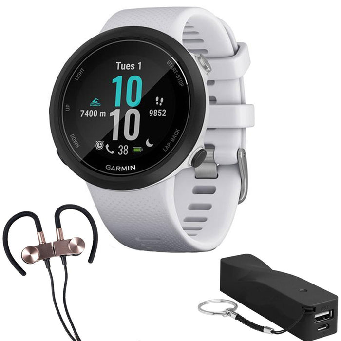 Garmin SWIM 2 GPS Swimming Smartwatch w/ Deco Gear Earbuds & Portable Power Bank Bundle