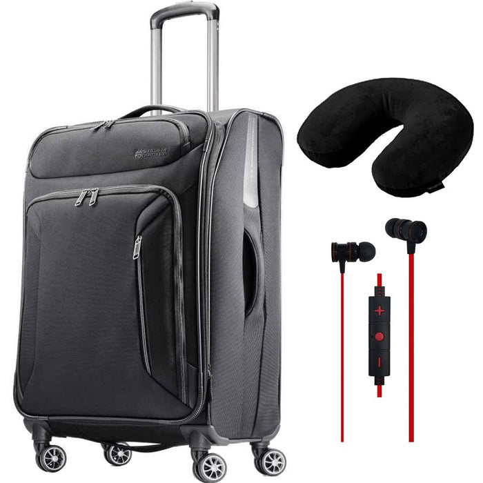 American Tourister 25" Zoom Spinner Expandable Luggage Black+Pillow & Headphones