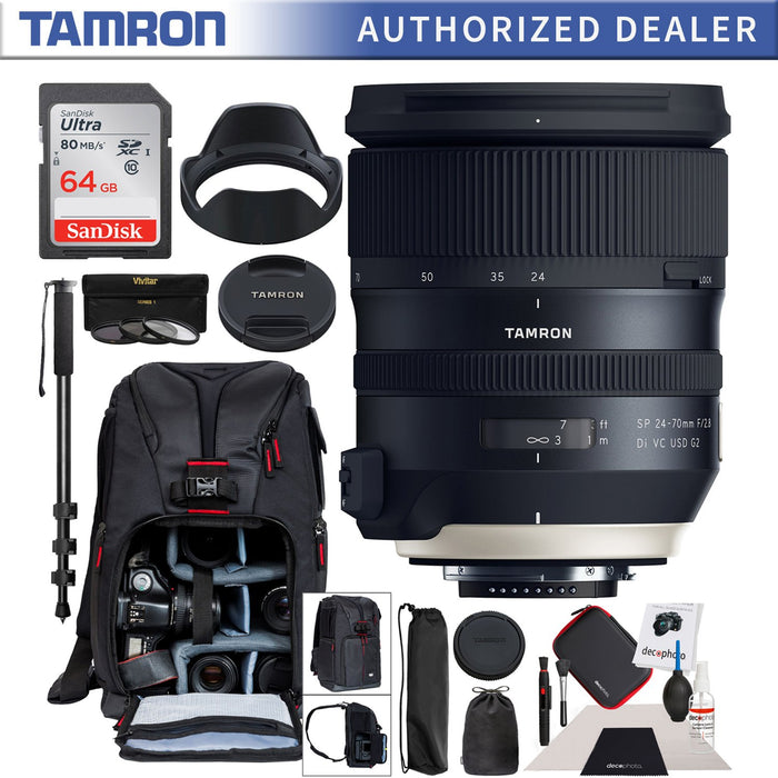 Tamron SP 24-70mm f/2.8 Di VC USD G2 Lens for Canon EF Mount Camera Pro Backpack Bundle