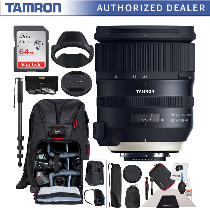 Tamron SP 24-70mm f/2.8 Di VC USD G2 Lens for Nikon F Mount Camera Pro Backpack Bundle