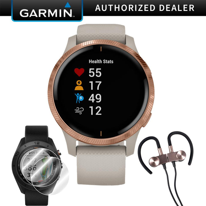 Garmin Venu Amoled GPS Smartwatch (Rose Gold,Light Sand Band) & Wireless Earbuds + More