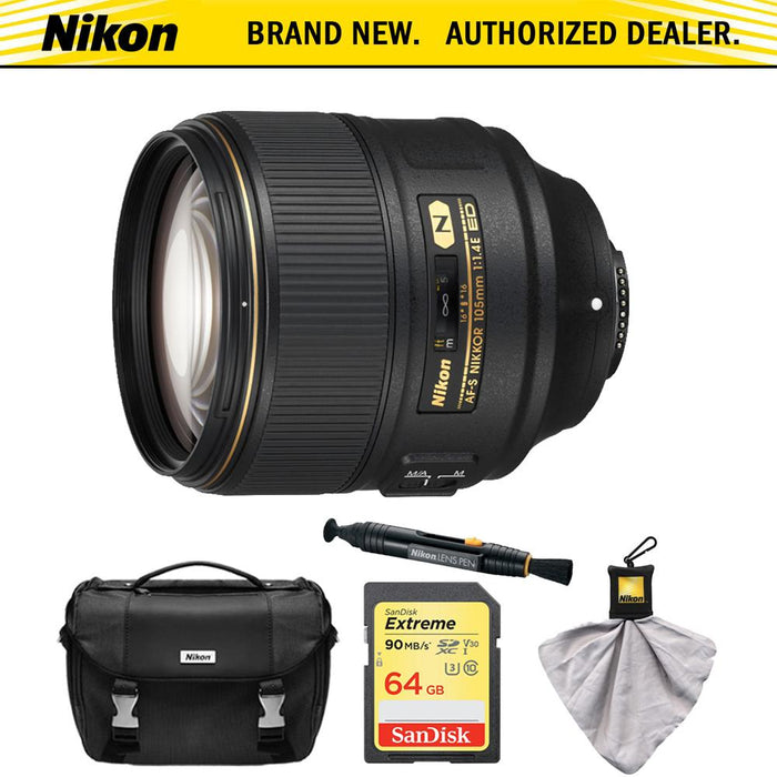 Nikon AF-S NIKKOR 105mm f/1.4E ED Lens with 64GB Card and Cleaner Bundle