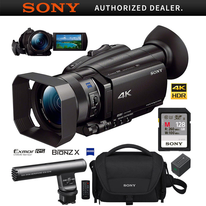 Sony FDR-AX700 4K HDR Handycam Camcorder ECM-GZ1M Gun Zoom Microphone Case 128GB Kit