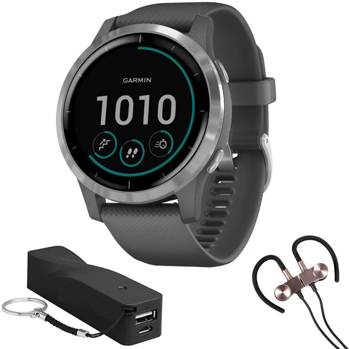 Garmin Vivoactive 4 Smartwatch (Shadow Gray/Stainless) w/ Wireless Earbud Bundle